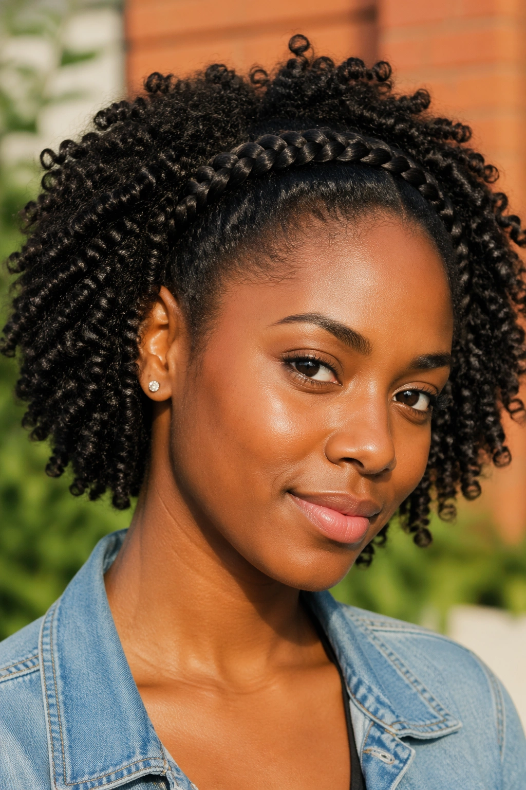 Real person with crown braid accent on the front against twist-out background.