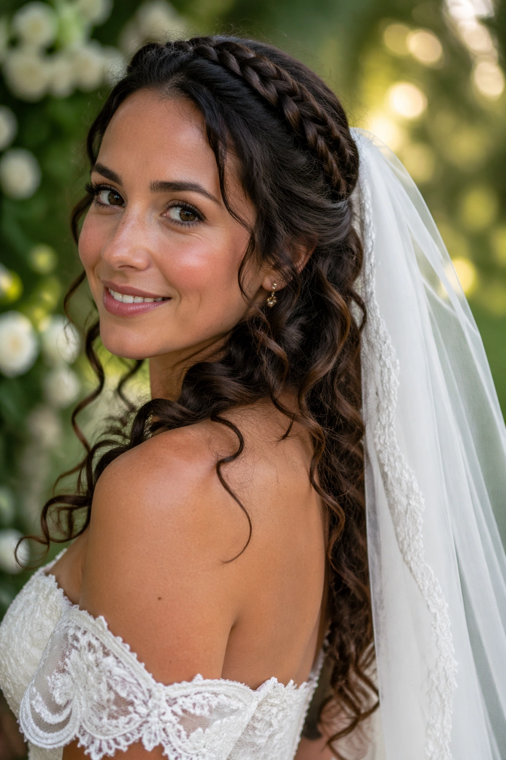Close-up of a bride showing crown braid, loose curls and chapel veil