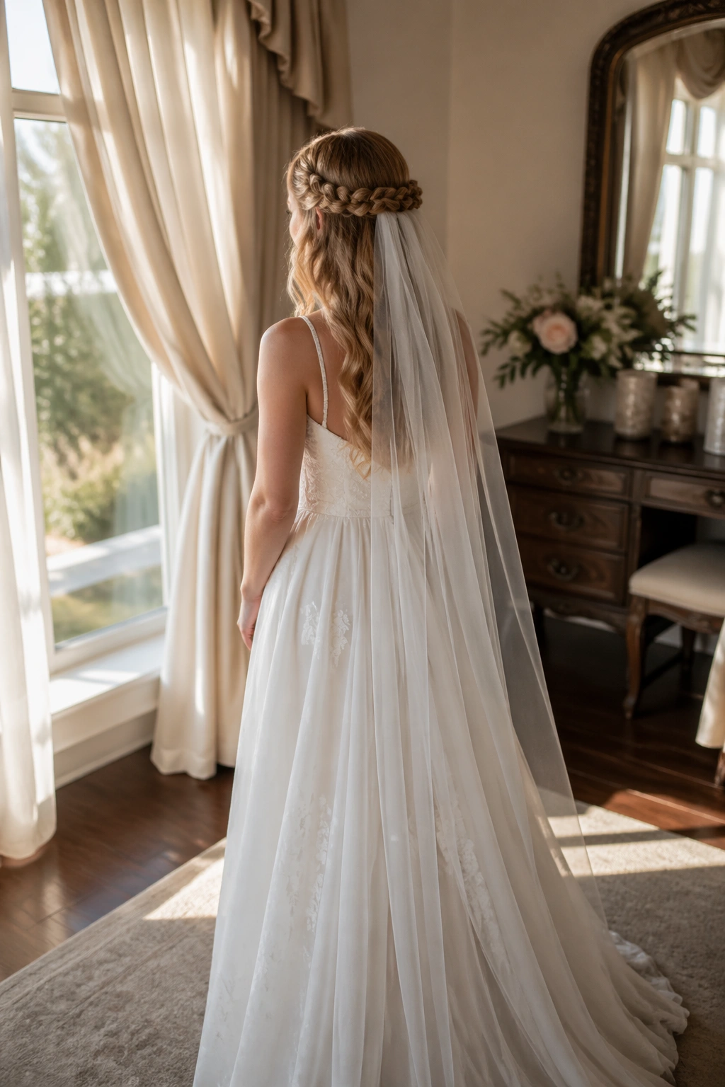 Wide shot of Twist-and-Braid Crown with a Veil in a bridal suite