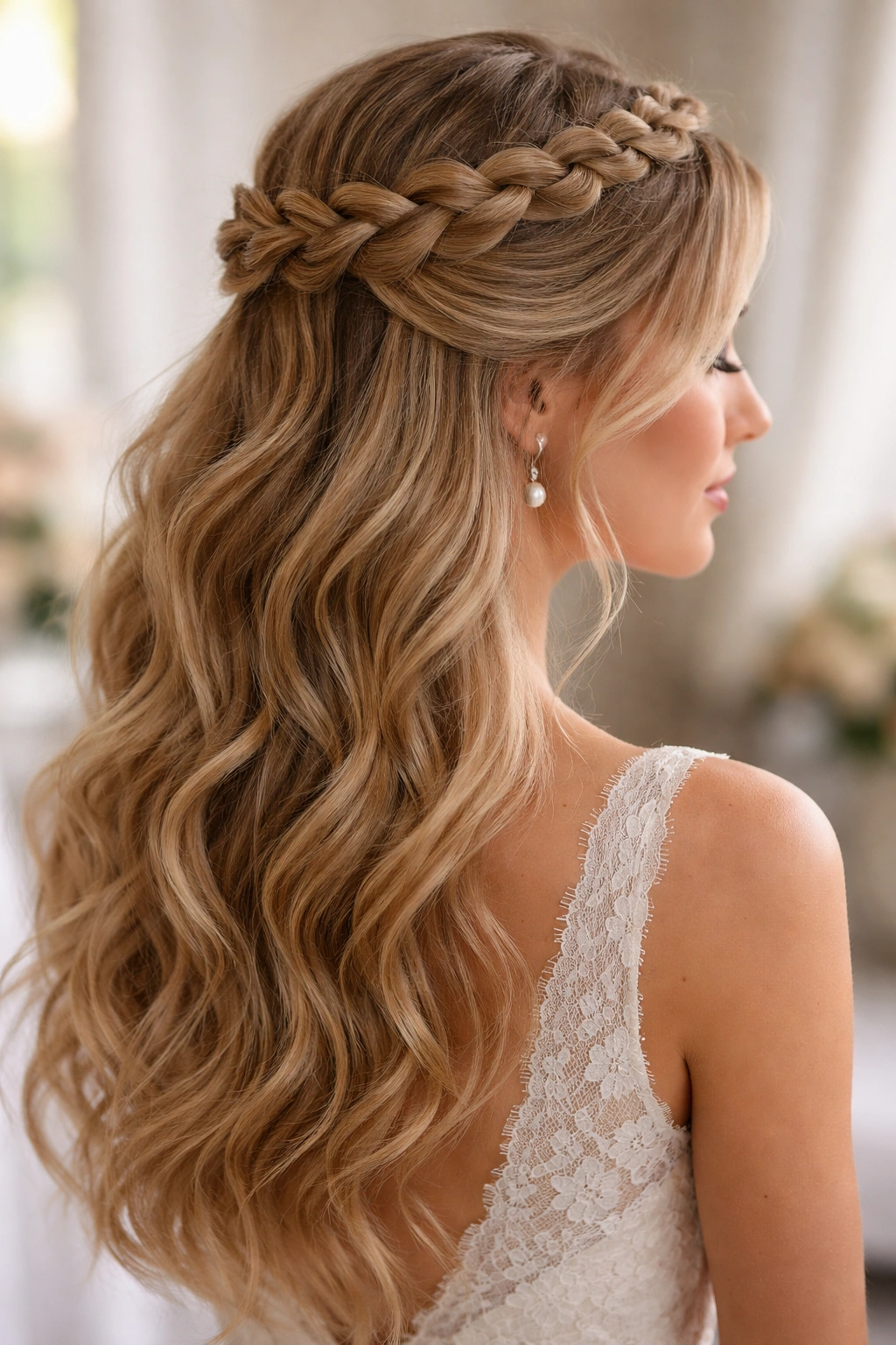 Close-up profile of a bridesmaid with a classic crown braid and loose waves