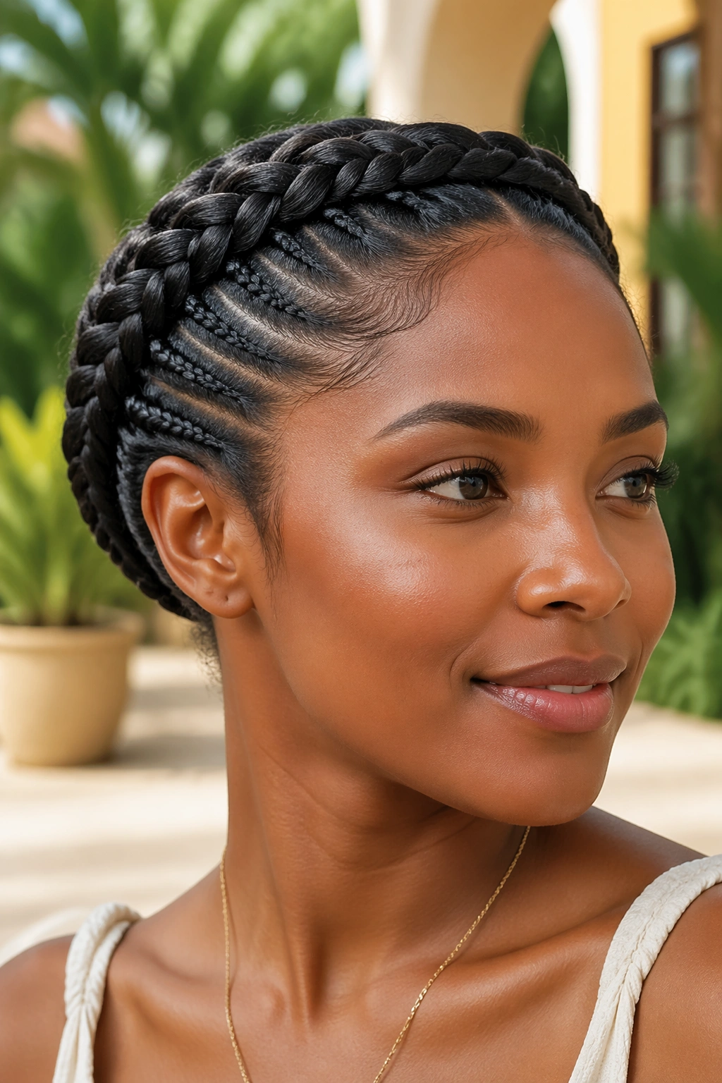 Real woman with crown braid wrapping around head in resort setting