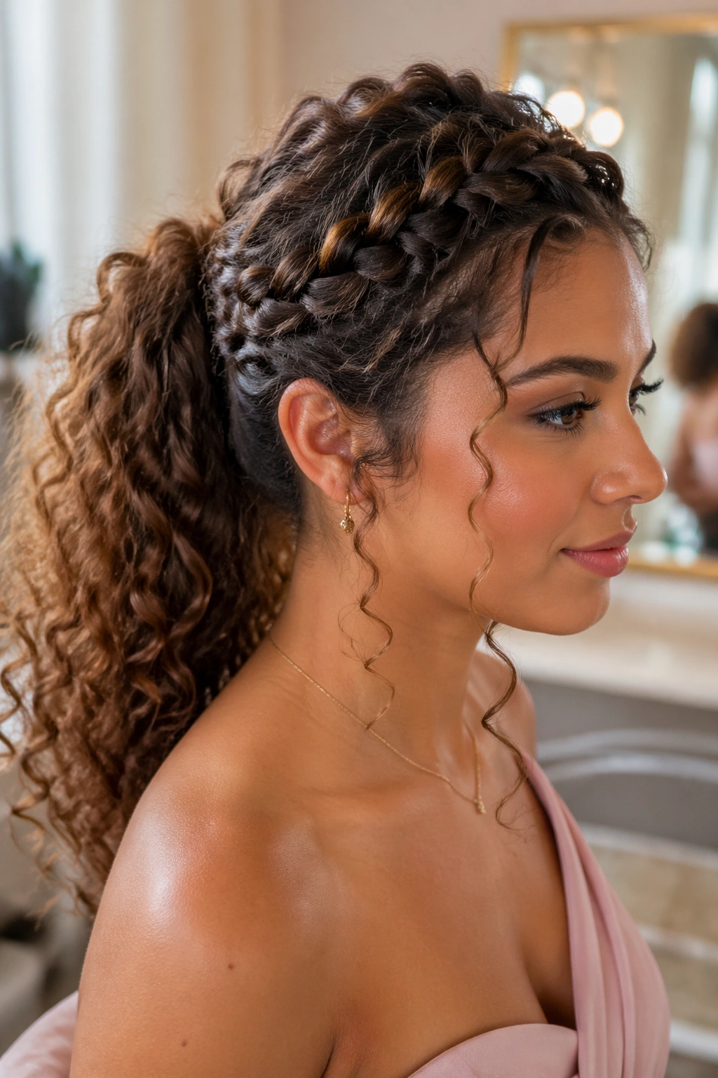 Close-up real bride showing crown-braided ponytail.