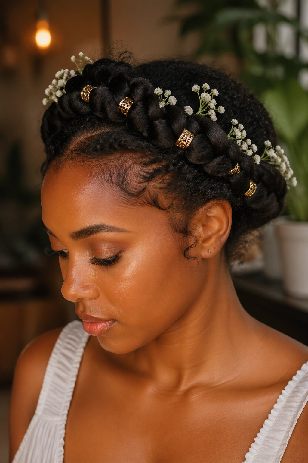 Close-up of crown braid adorned with flowers and gold cuffs on a real woman's head.