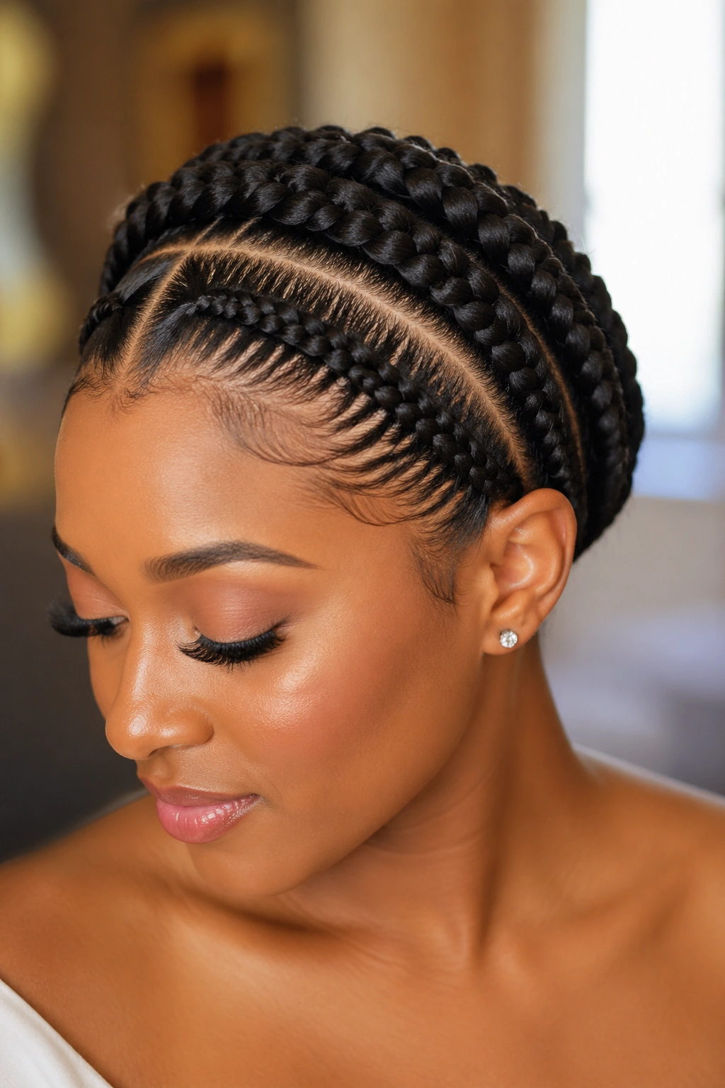 Close-up of a real woman with crown braids forming a halo on her head