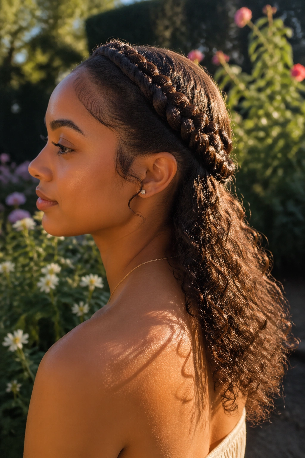 Crown braids with curly back-length ends outdoors side profile