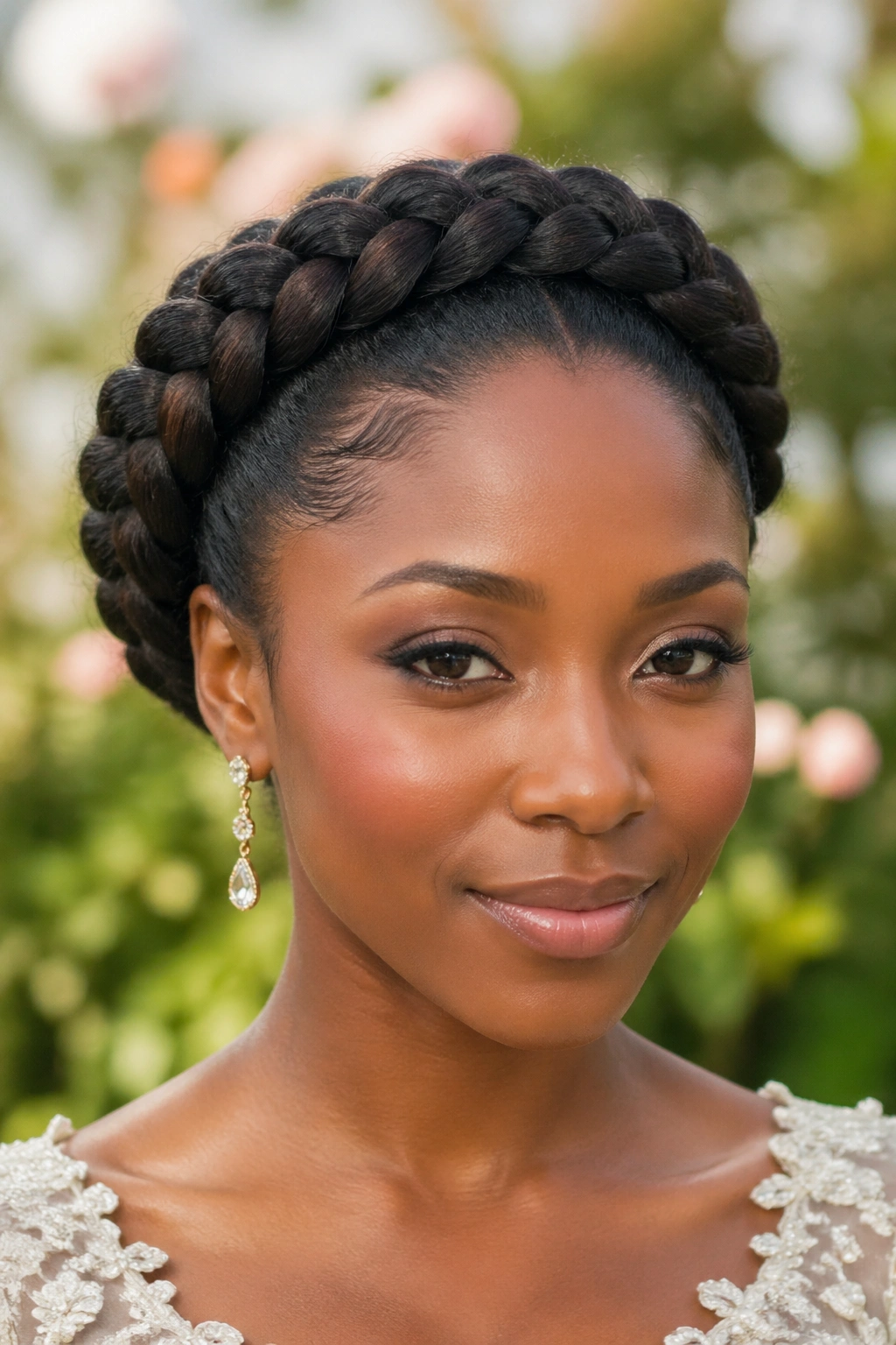 Close-up of a real woman wearing a crown of braids formed by two thick braids