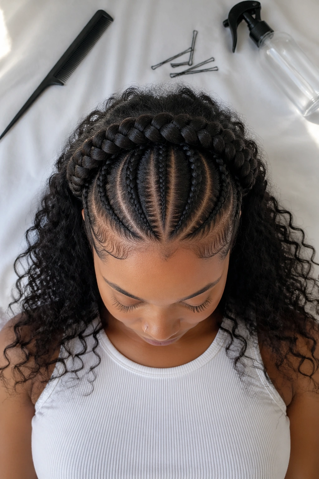 Top-down flat-lay of braided crown with loose curls.