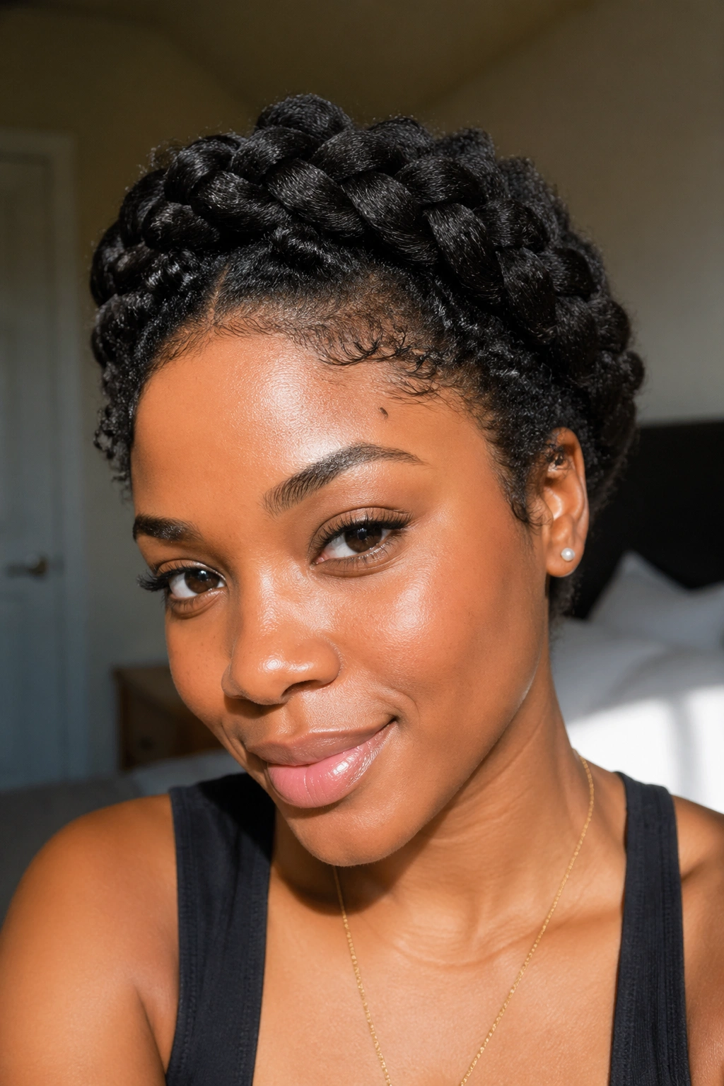 Close-up portrait of a real woman wearing a crown braid encircling her head with natural 4c curls.