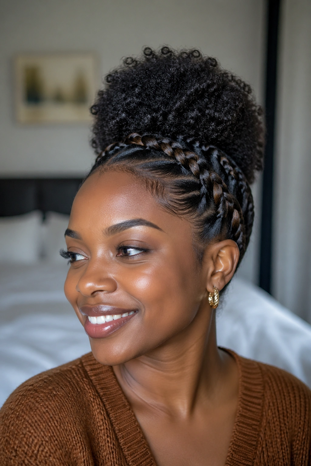 Close-up of a real woman with crown braids and a natural top puff.