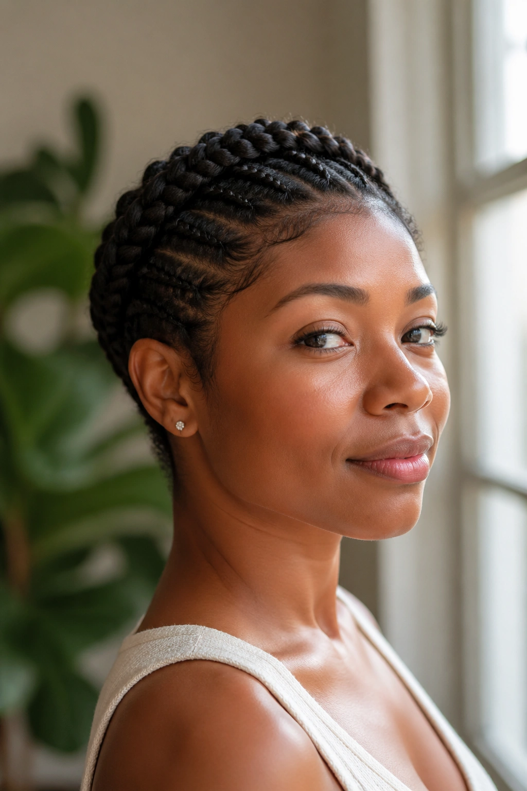 Portrait of a real woman with a cornrow crown on short natural hair.