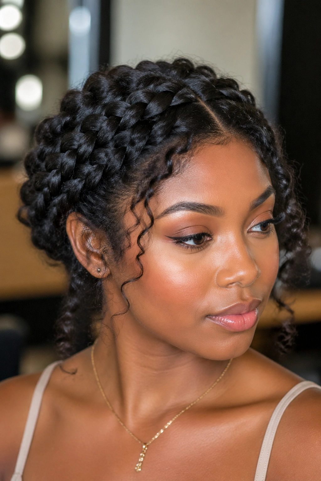 Portrait of a real woman with two crown-forming braids around her head.
