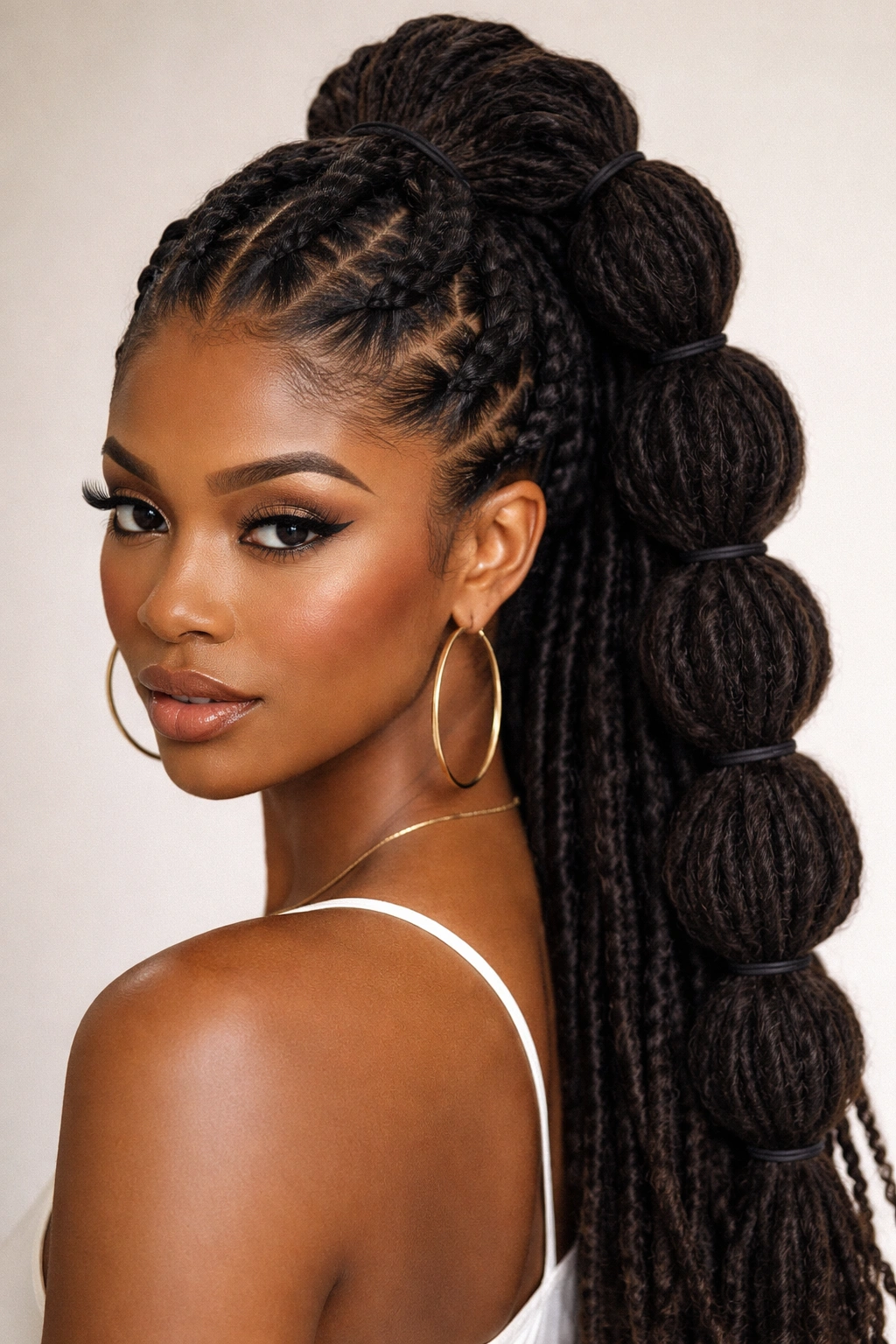 Close-up of crown-style bubble ponytail wrapped around the head