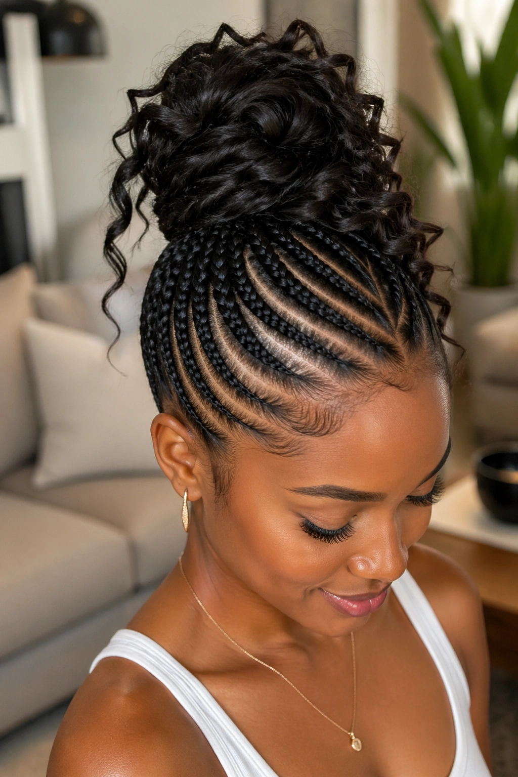 Crown bun with diagonal cornrows on a real person