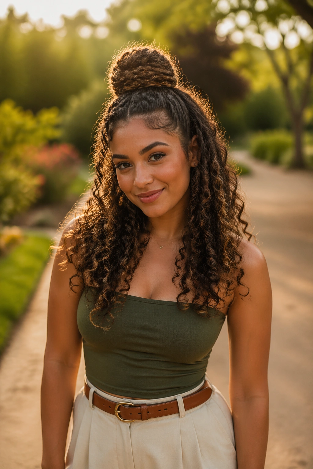 Hero outdoor shot of rope-twist crown bun in golden hour light.