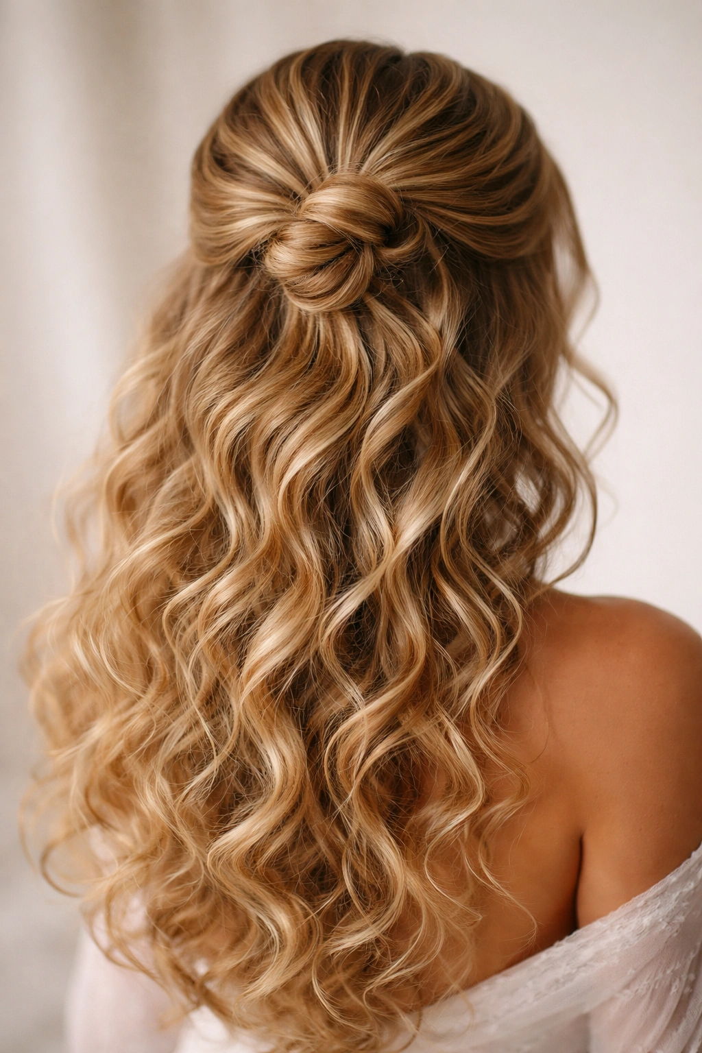 Close-up of a compact crown chignon with loose curls beneath
