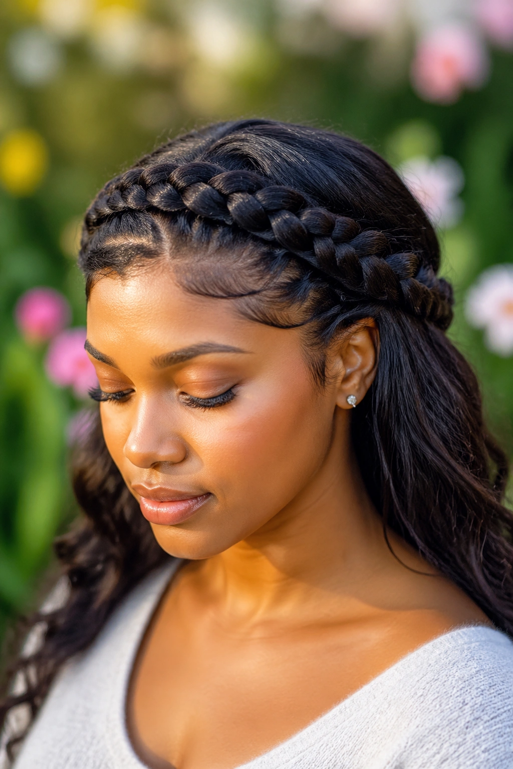 Close-up of a real person with crown French cornrow around the head.