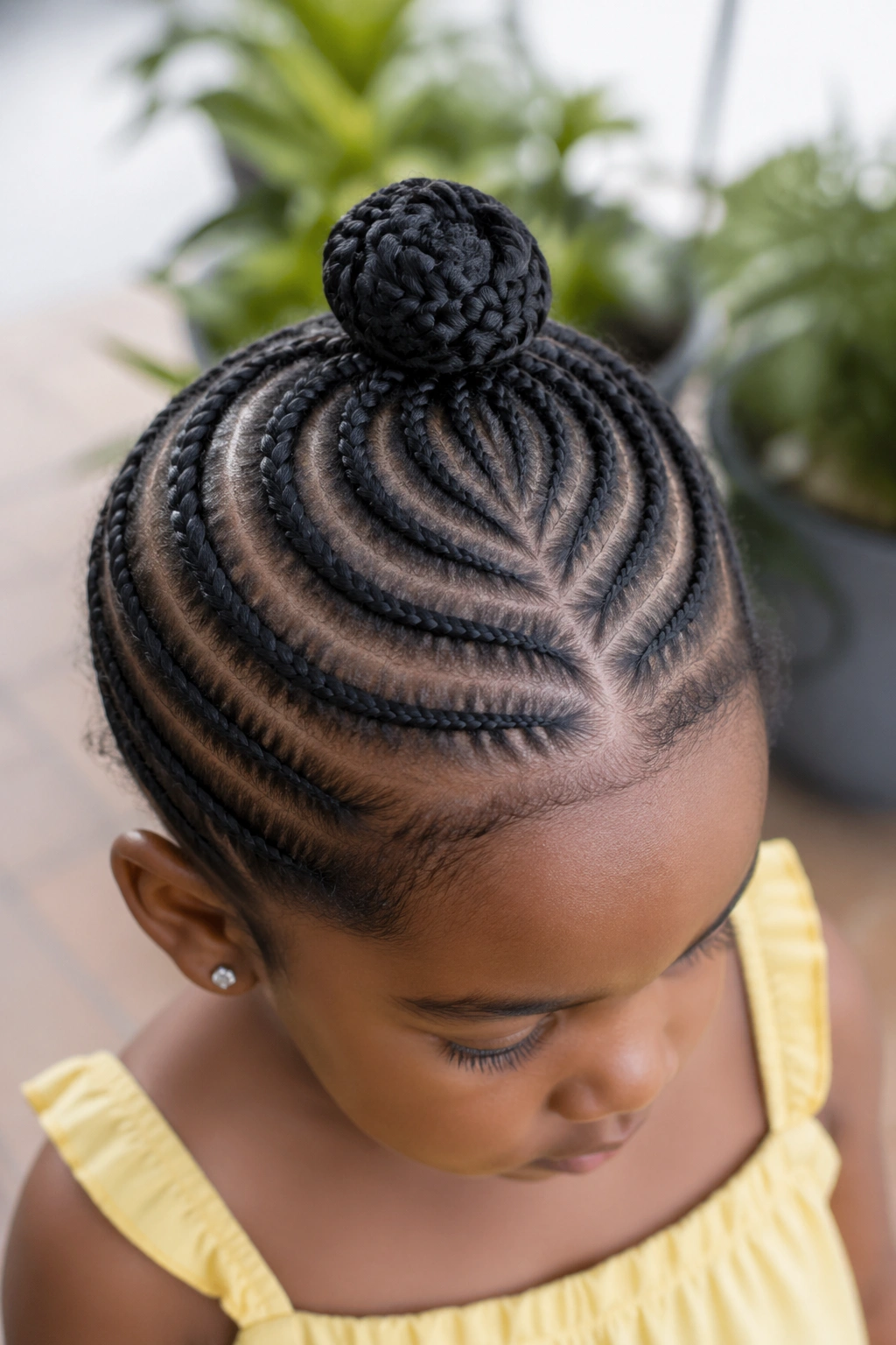 Child with crown-shaped cornrows around the head culminating in a topknot.