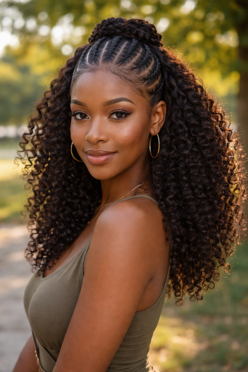 Portrait of a woman showing crown cornrows and bottom coils, highlighting contrast.