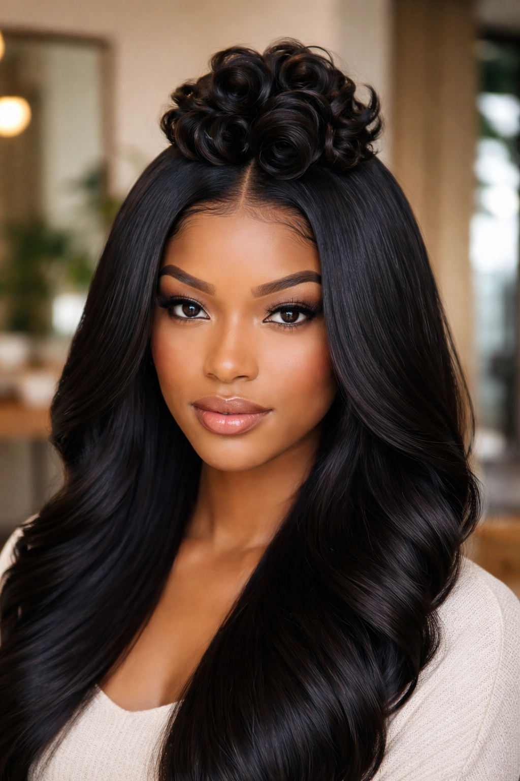 Real woman with bold crown curl cluster on silk-pressed center-part hair.
