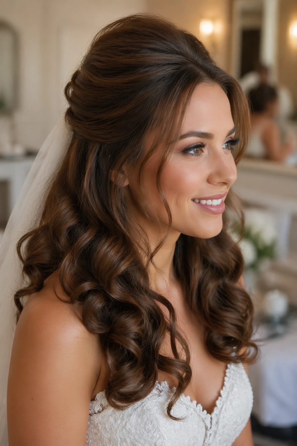 Close-up of a real bride with a voluminous crown and big curls