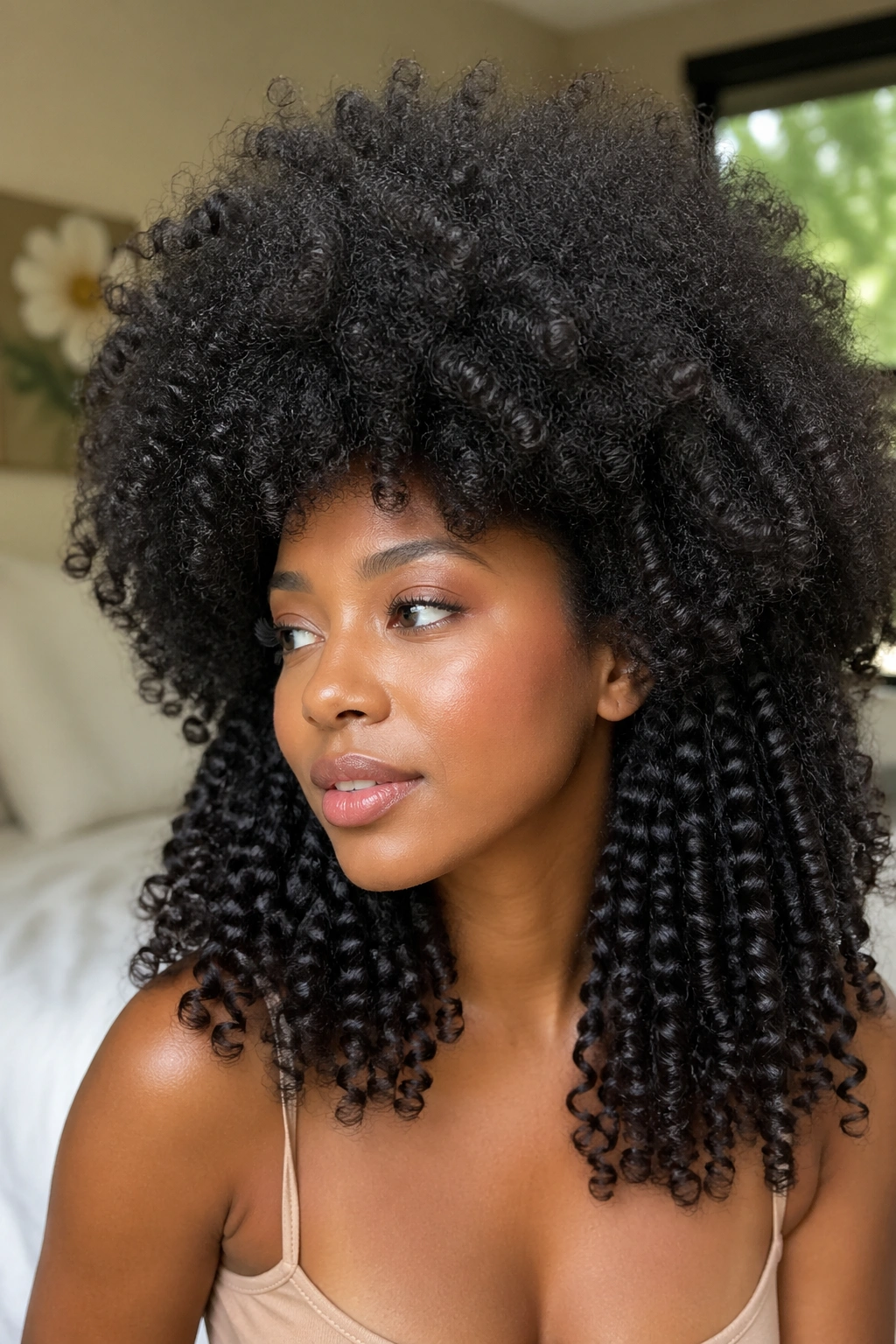Close-up of a real woman with a brushed-out crown and defined bottom curls