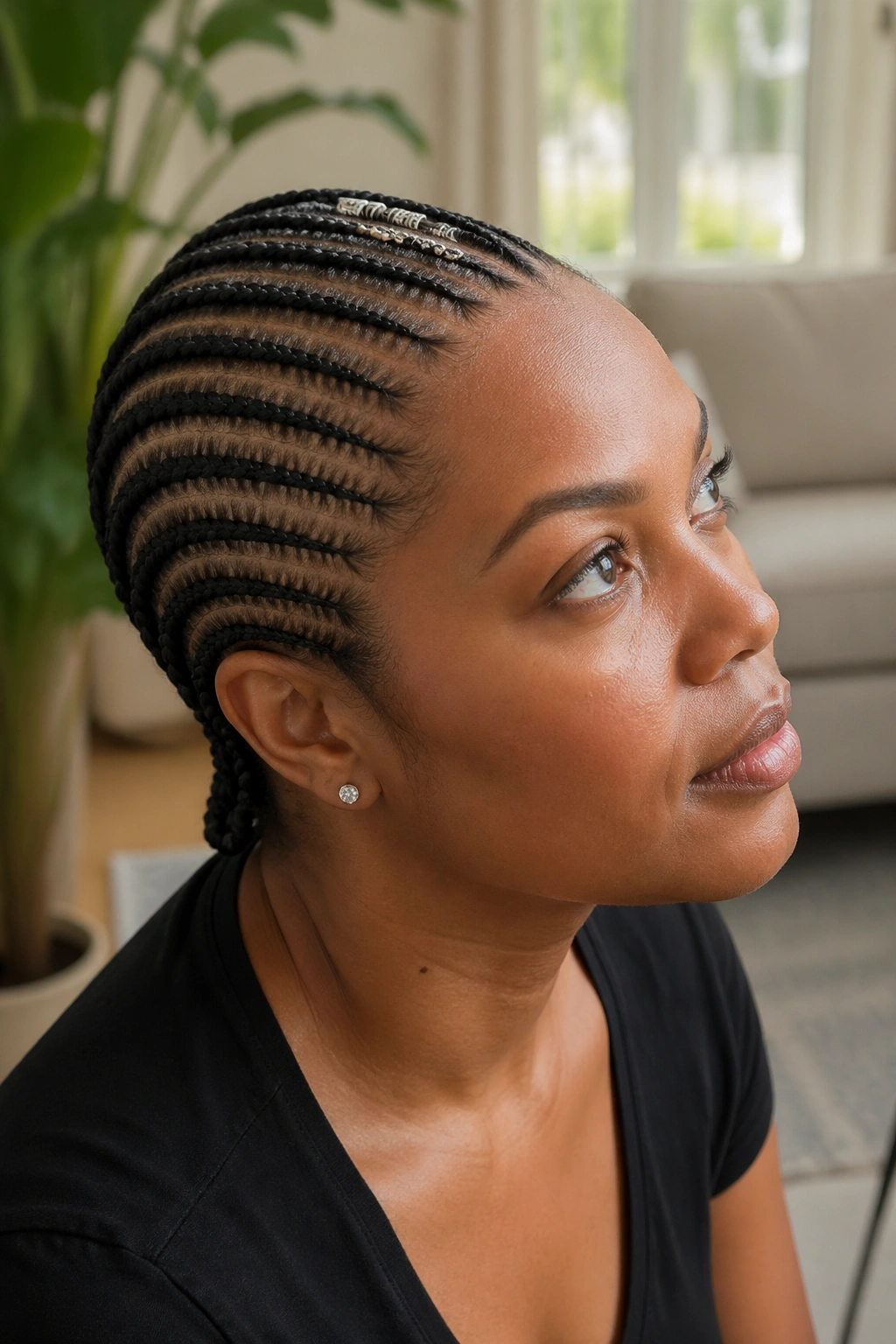 Close-up of straight-back cornrows with crown detailing on a real head