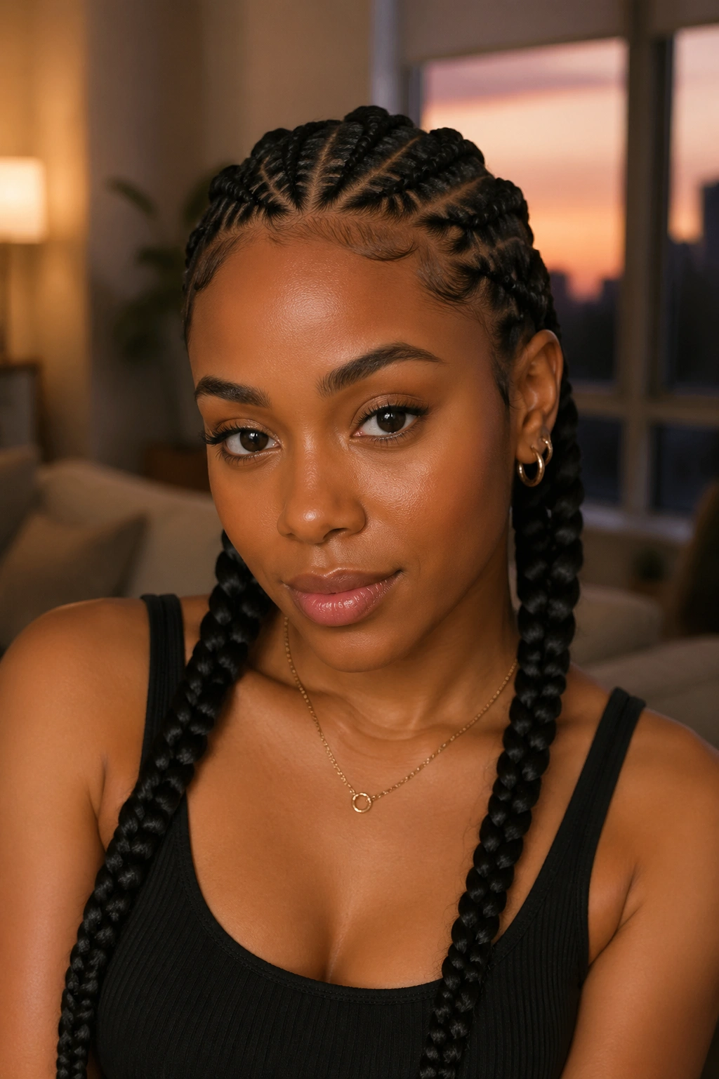 Close-up of a real woman with crown-feed twin braids in a dusk-lit living room.