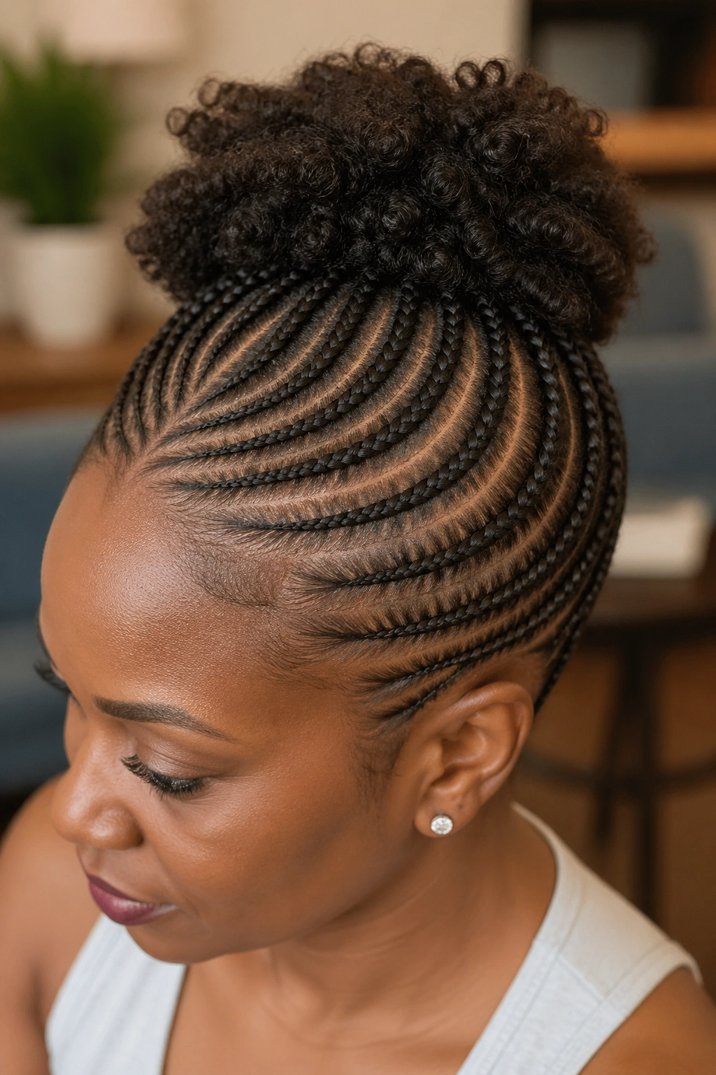 Close-up of crown halo with small-stitch cornrows around the crown on a real person.