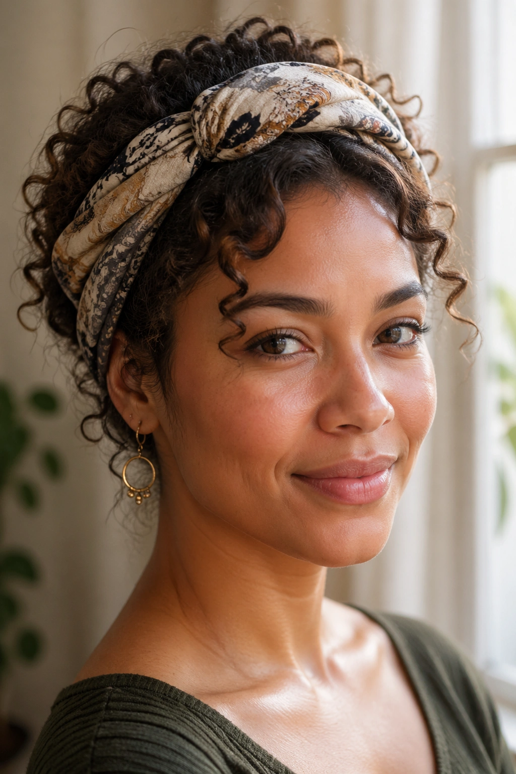 Close-up portrait of a real woman wearing a crown halo wrap with curls visible underneath