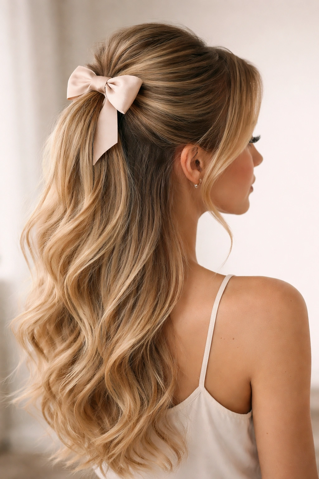 Close-up of crown-height half-up ponytail with a bow in a neutral studio