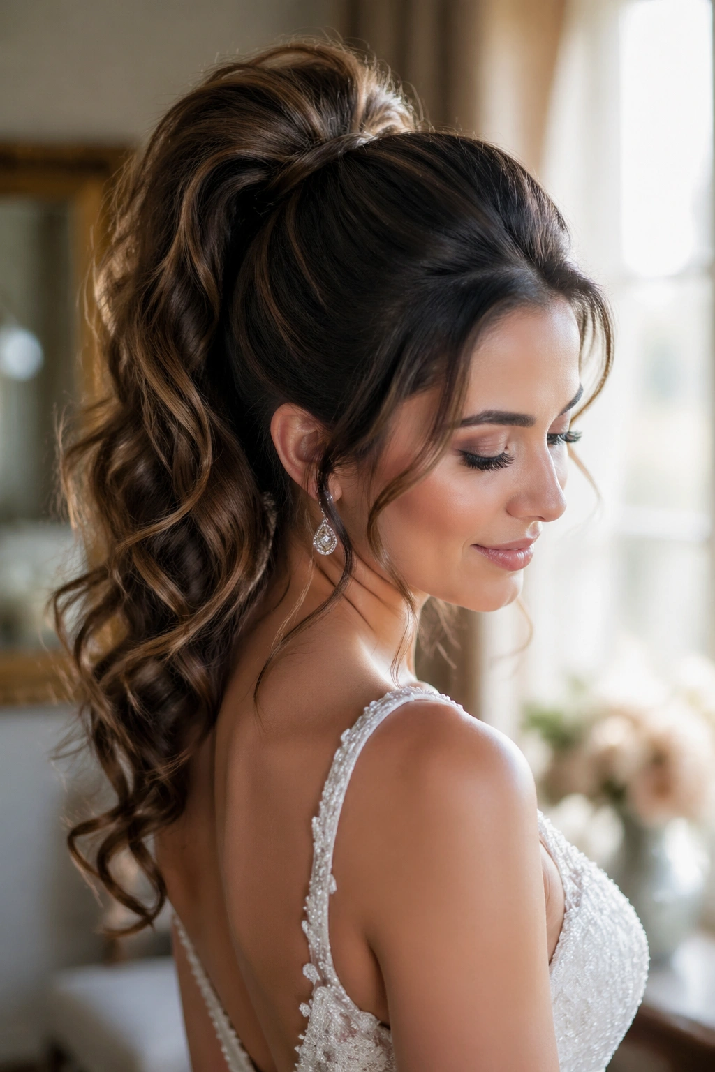 Close-up of a bride with crown-volume high ponytail