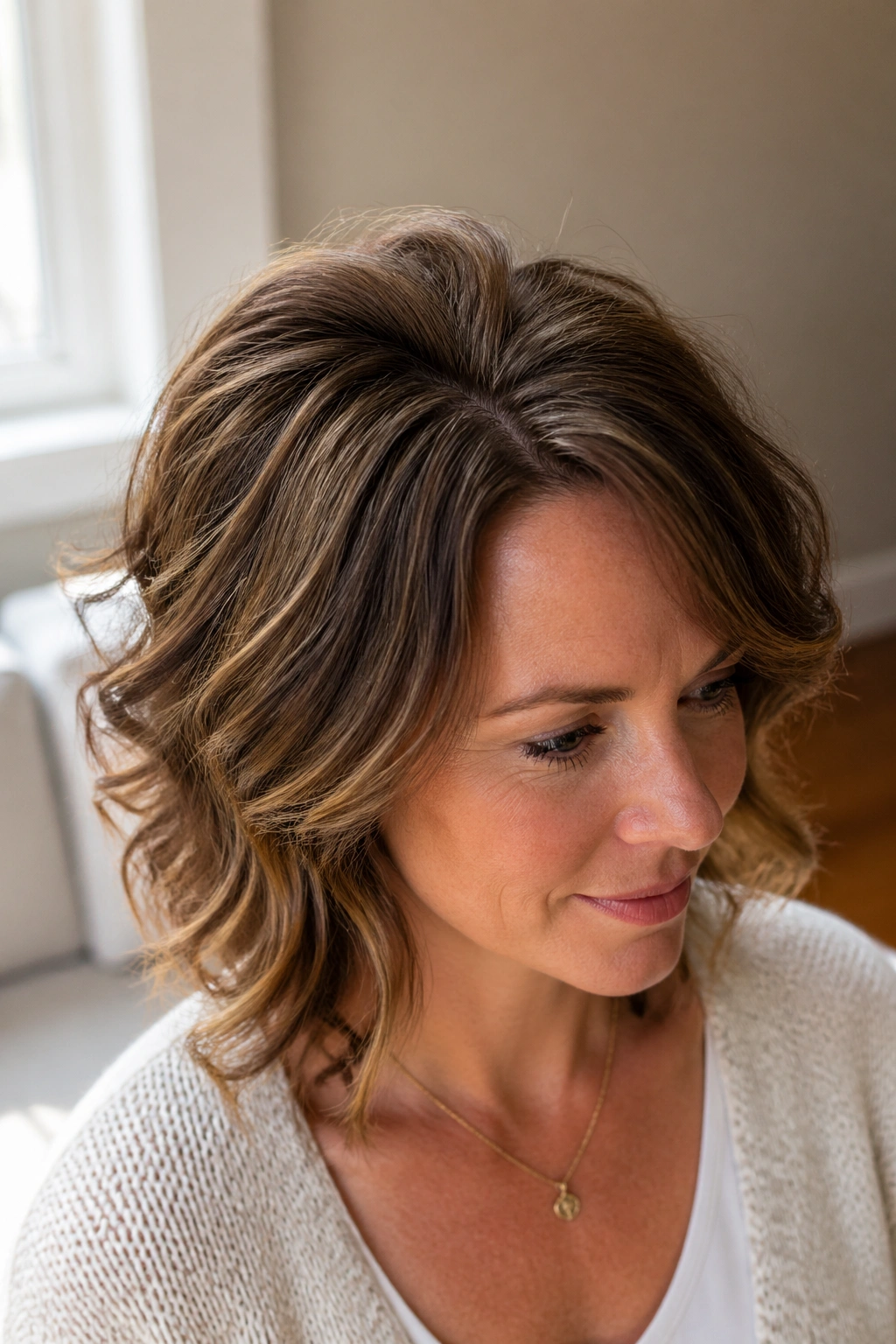 Close-up of a real woman's crown-focused layering creating lifted crown with top shorter than underneath.