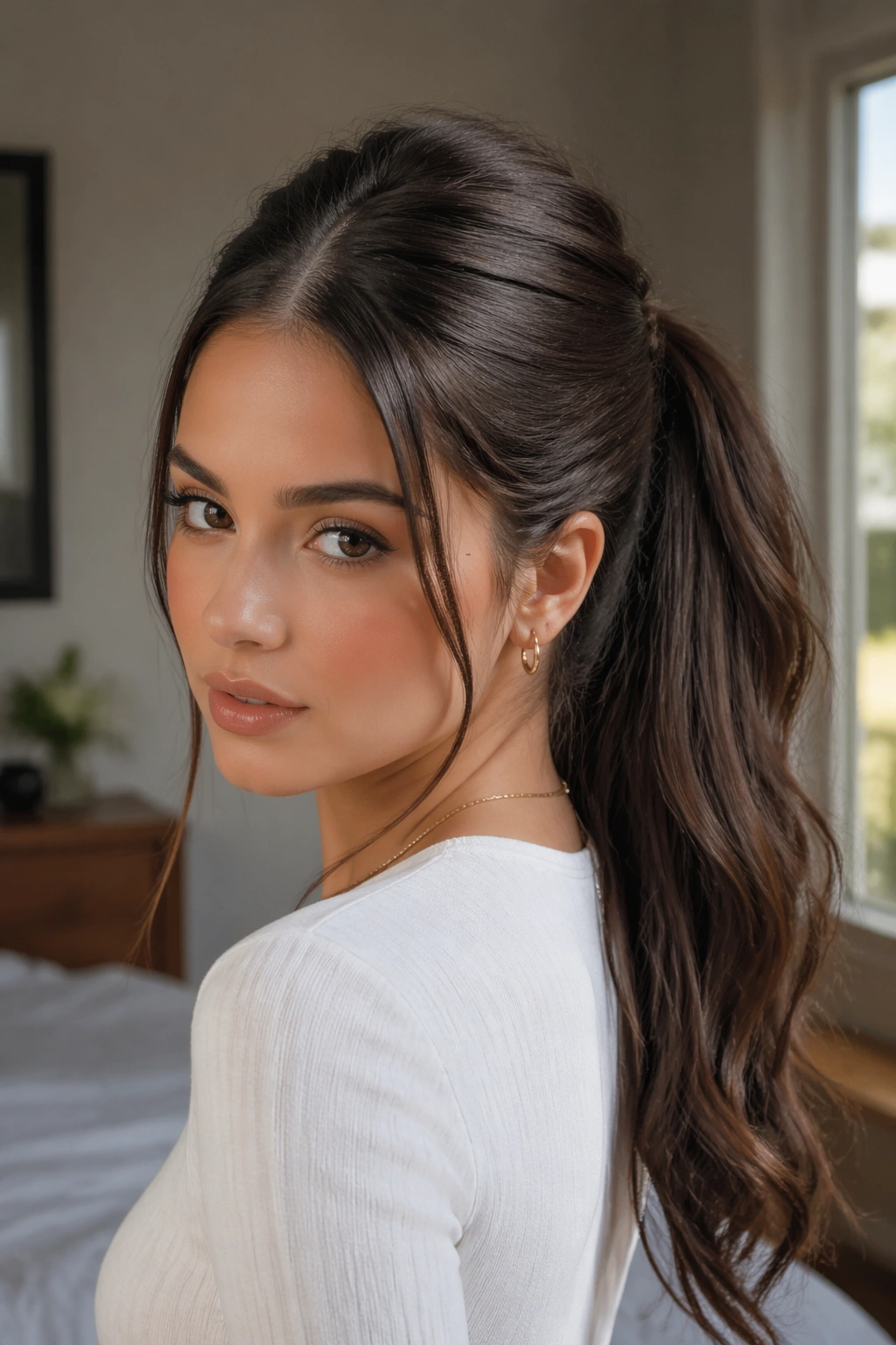 Close-up of a real woman with a crown-lift ponytail in warm window light