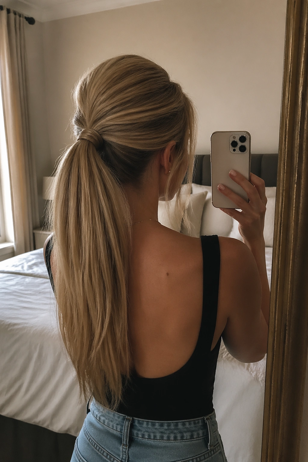 Over-the-shoulder mirror selfie crown lift ponytail