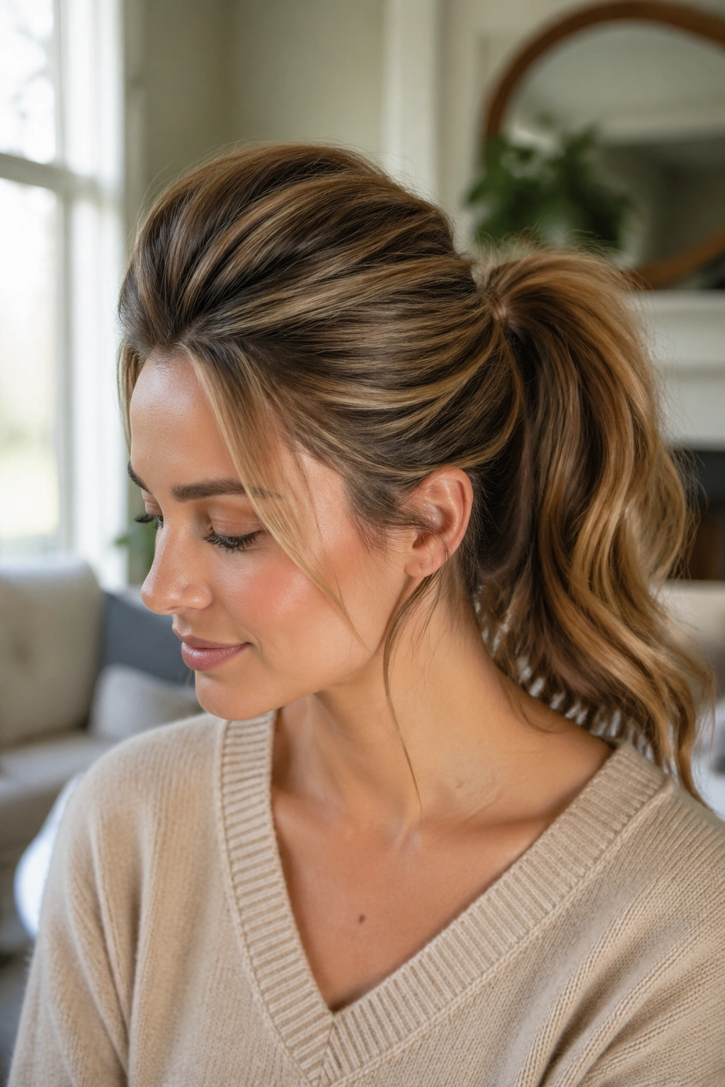 Portrait of a real person with crown-lift ponytail and top volume in natural light