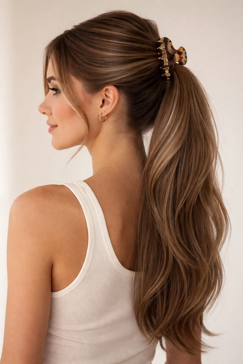 Crown-lift ponytail with clip and straight tail