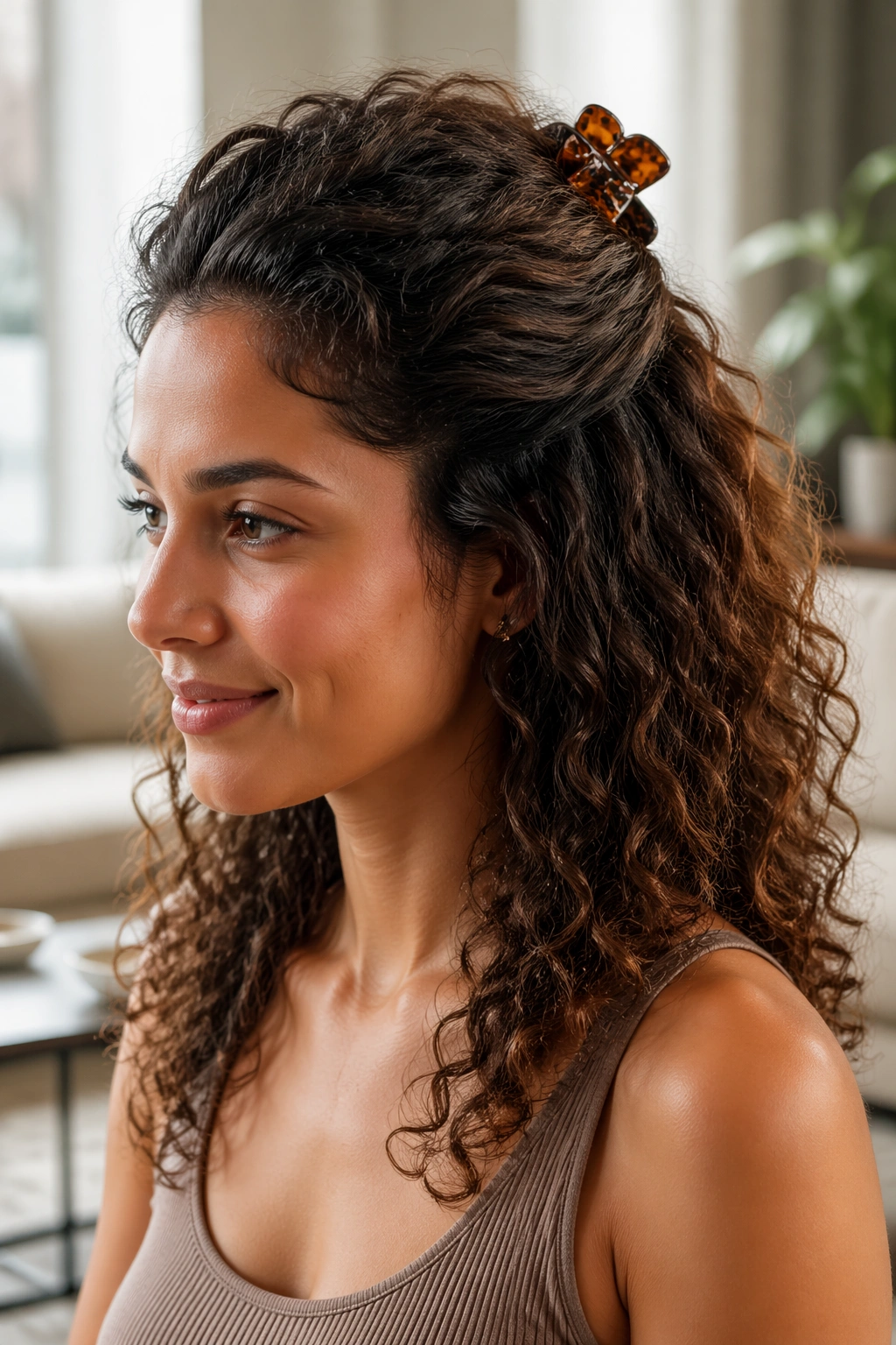 Portrait of a real woman showing a crown lift hairstyle with soft back volume and angled clip.