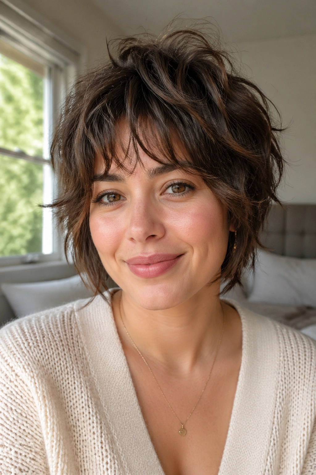Close-up of a real woman with crown-lifted crop shag hairstyle and soft face-framing edges.