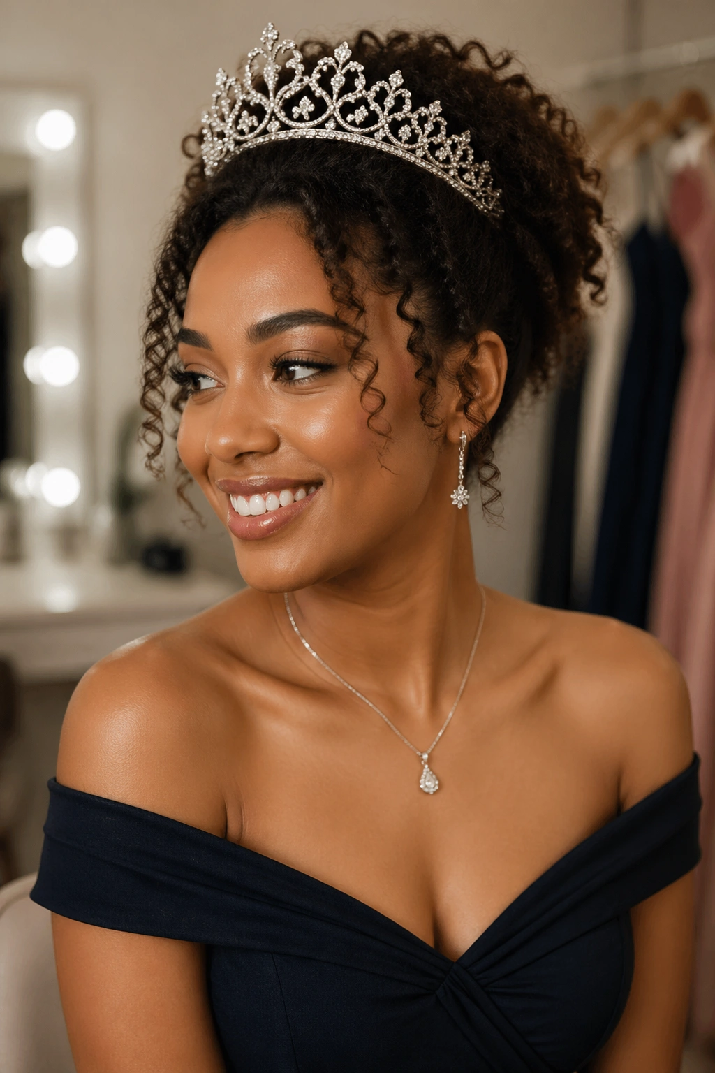Close-up of a woman with a crown in her natural curls against a dressing room backdrop