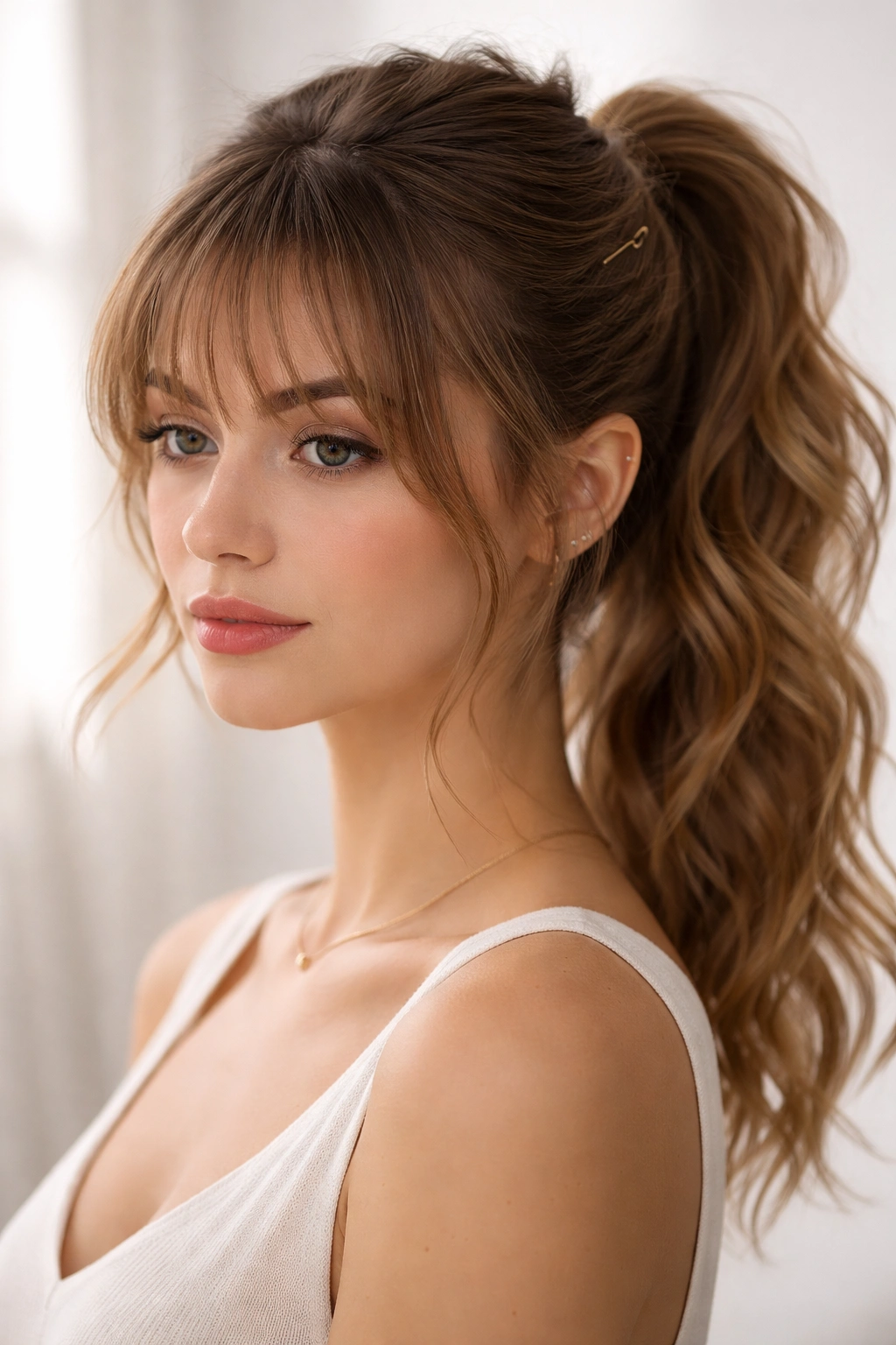 Crown-pinned ponytail with airy see-through bangs