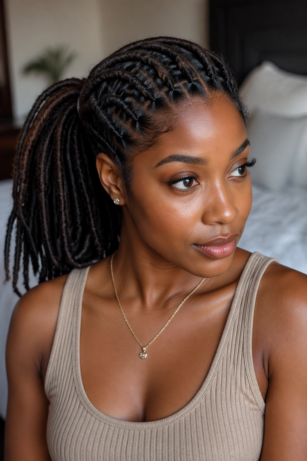 Close-up of crown-to-pony transition hairstyle on a real woman with crown braid and ponytail