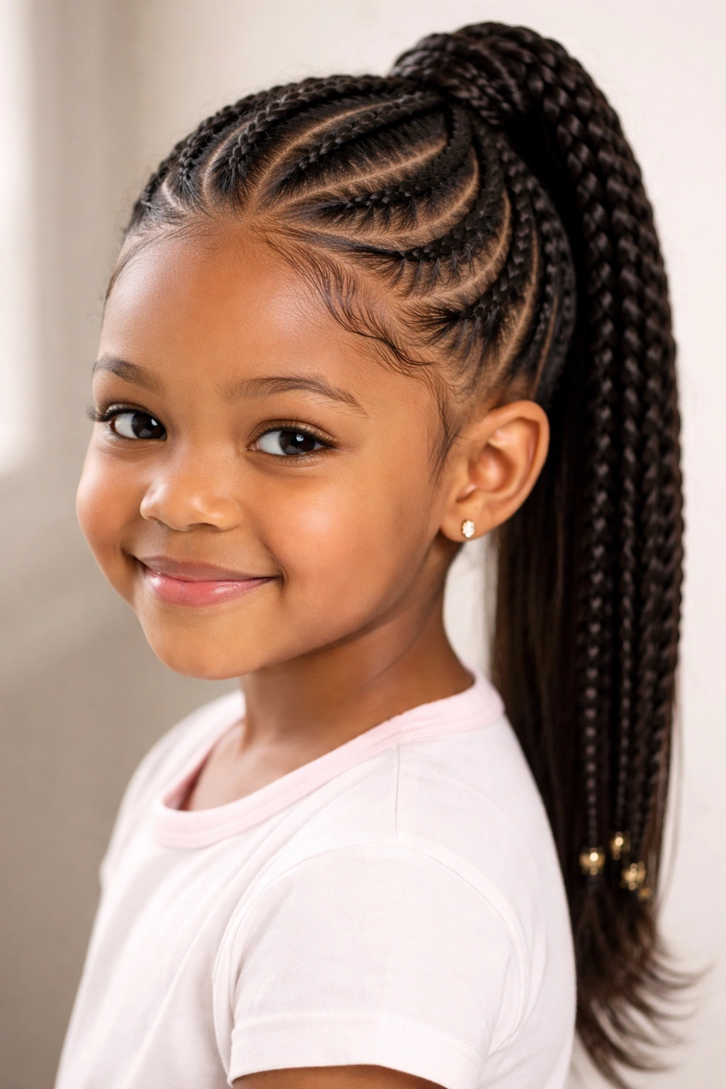 Front view of a crown-to-ponytail feed-in with hairline braids framing the face