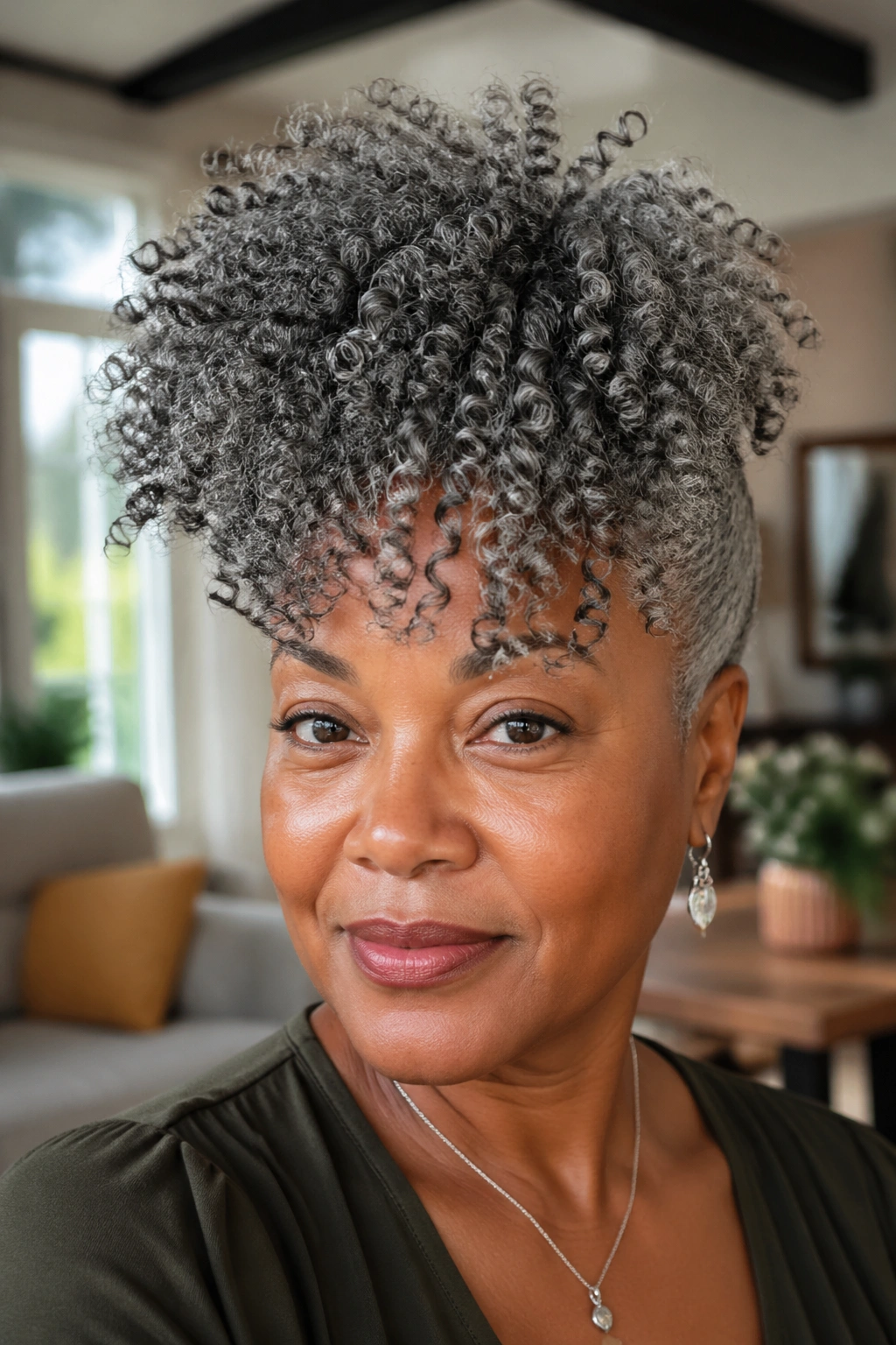 Close-up of a woman with a crown puff of grey curls and a front bang.