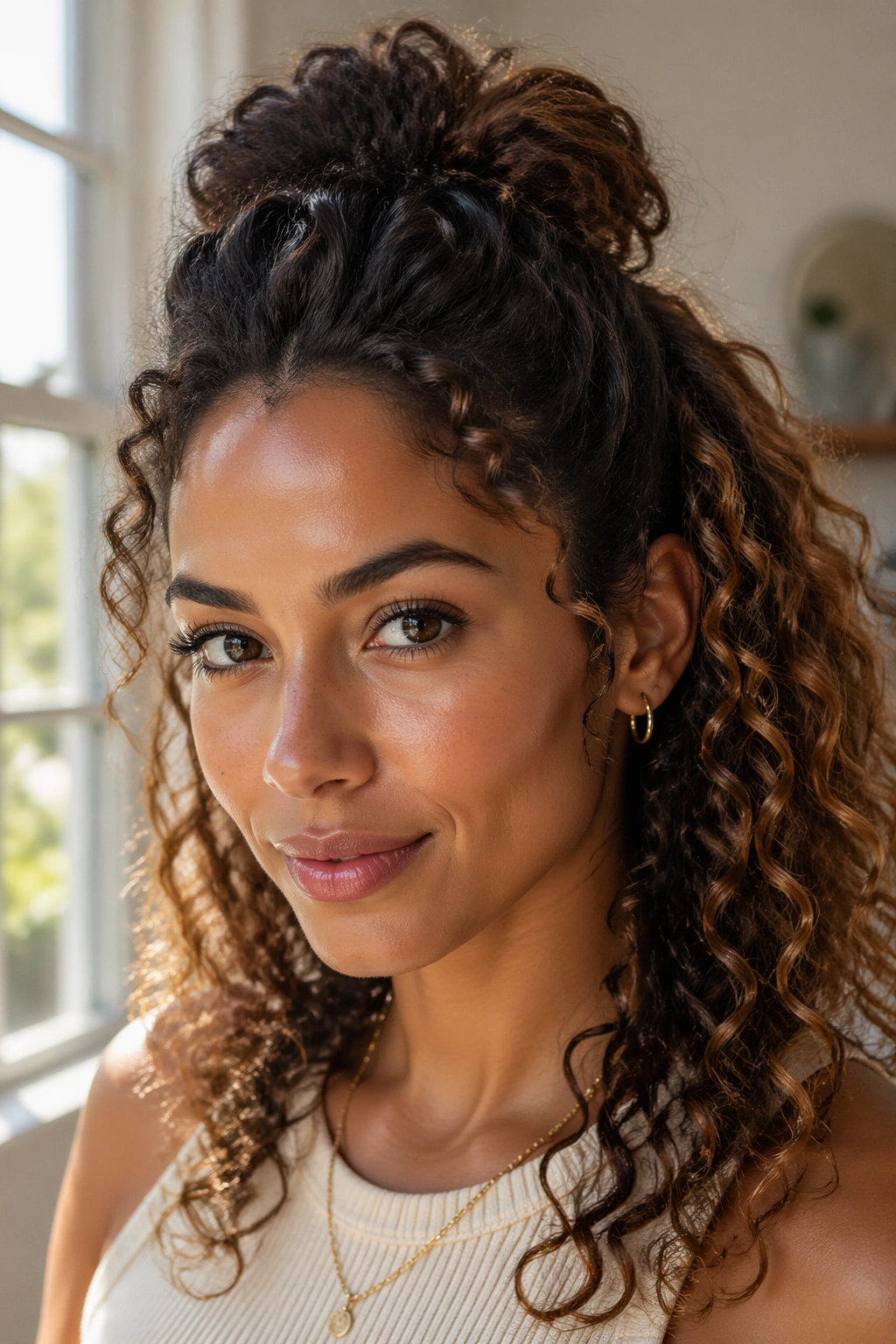 Close-up of a real woman with a crown-like puff at the crown and half ponytail