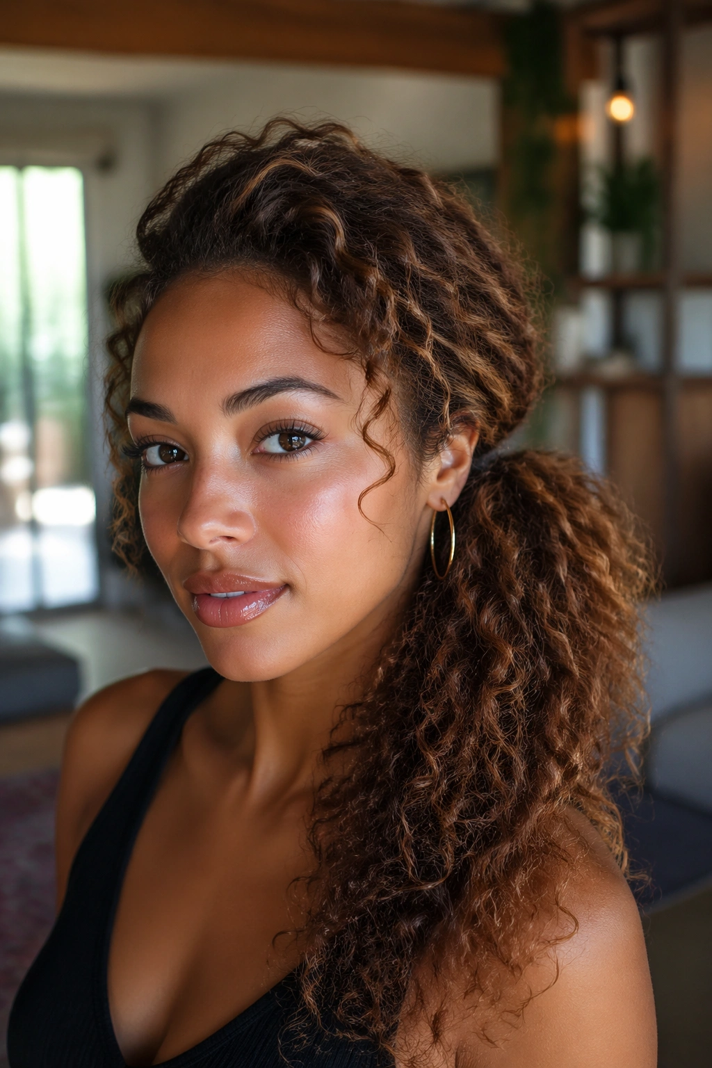Close-up of a real woman with a crown-puff side ponytail