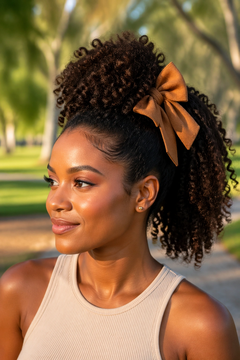 Close-up of crown puff bow ponytail on a real woman with coily textured hair in a park
