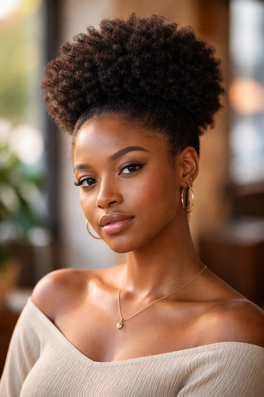 Close-up of crown-puffed small afro on a real person.