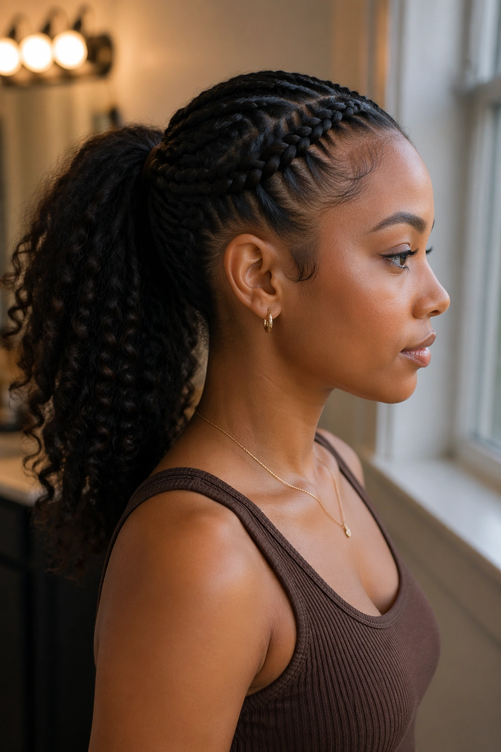 Crown stitch braid ponytail in side profile.