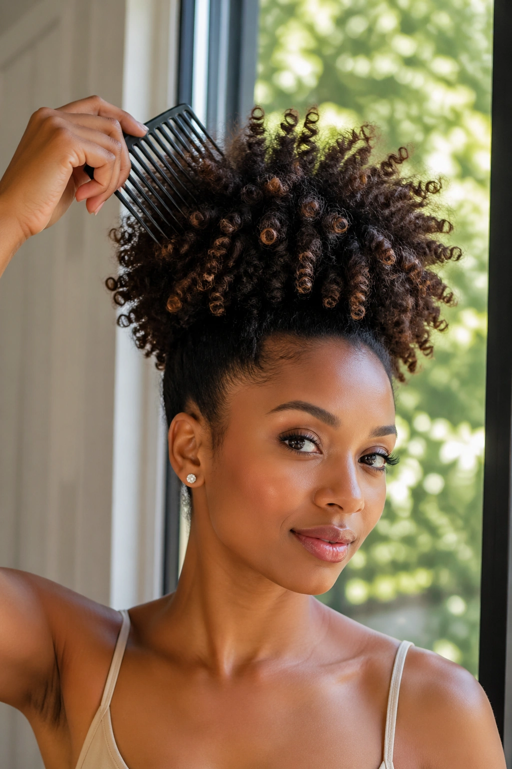 Portrait of a real woman with crown-height gel-defined curls lifted for height.