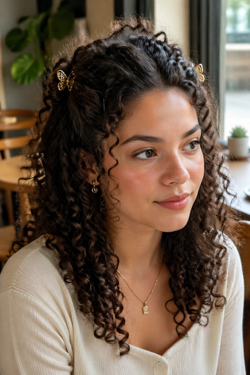 Crown sweep with two butterfly clips on curly hair